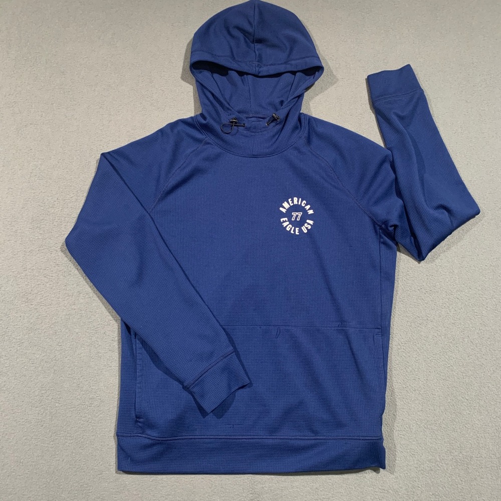 American Eagle Mens Flex Hoodie Blue Waffle Knit Spellout Activewear Size M